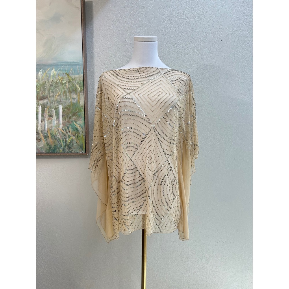 Tasha Polizzi Beaded Sequin Mesh Poncho Top Beige Silver Geometric XL